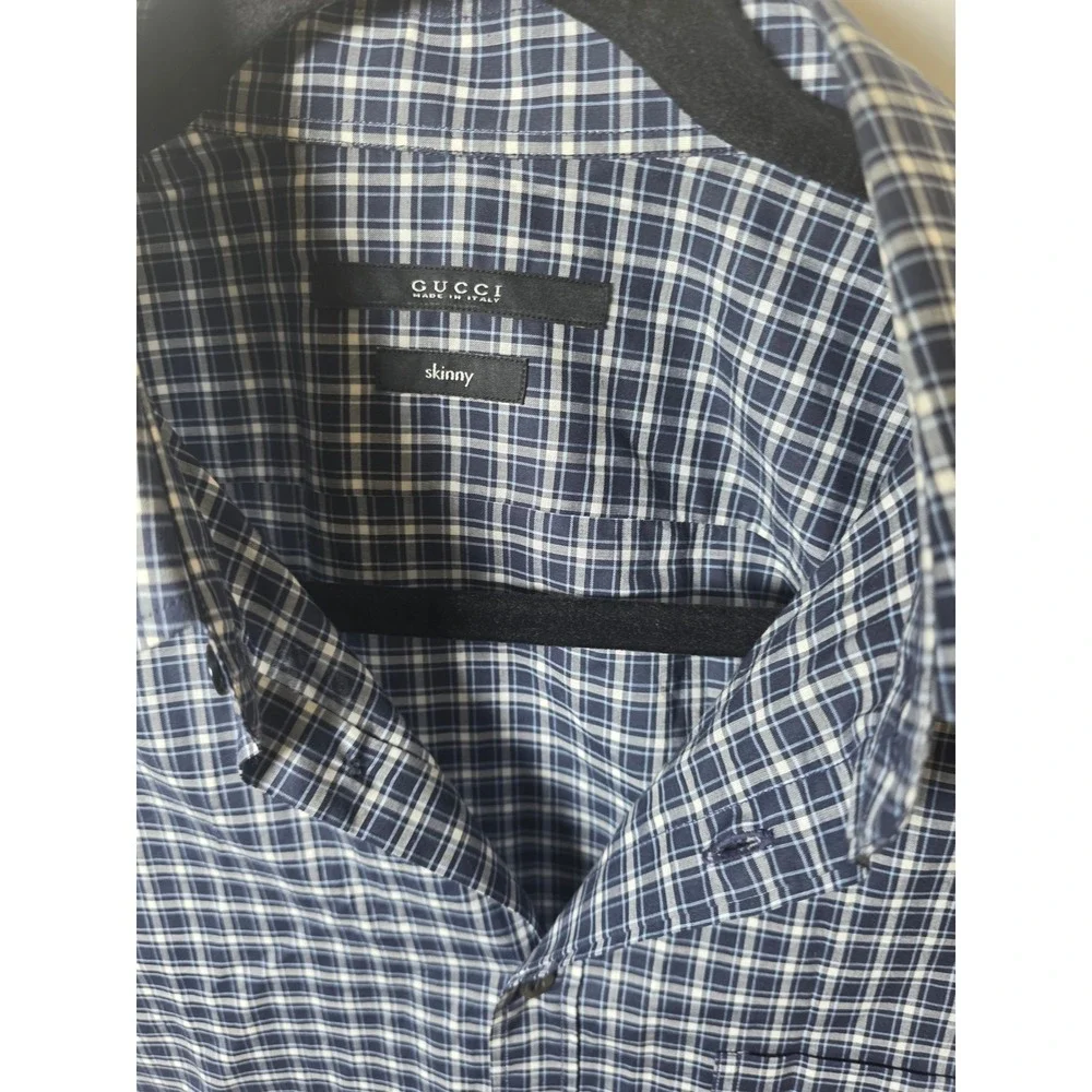 Gucci Mens Skinny Fit Checkered Long Sleeve Button Down Shirt Blue White Italy